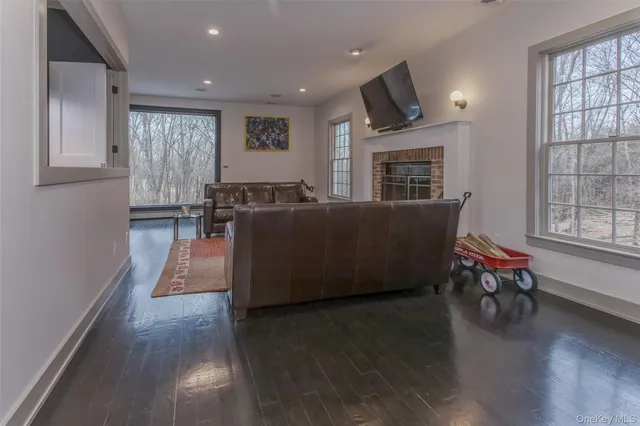 a living room with furniture wooden floor and a fireplace