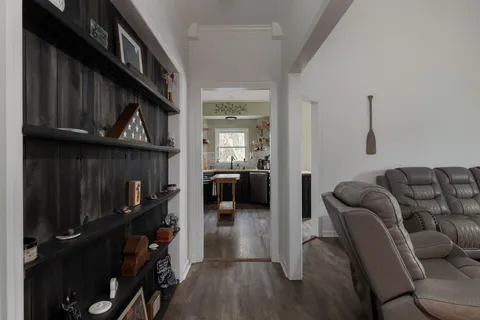 a workspace with a table and chair