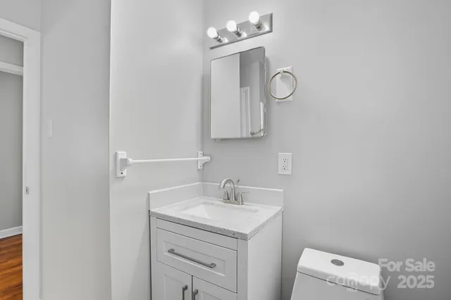 a bathroom with a sink vanity and a mirror