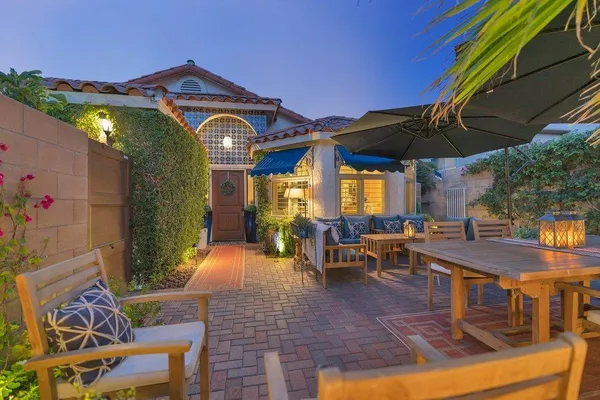 an outdoor space with seating