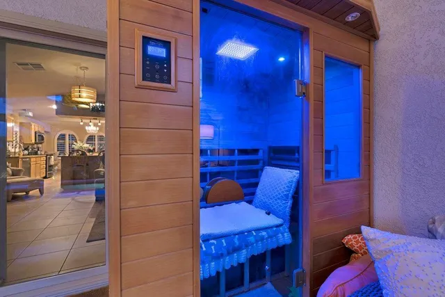 a view of a balcony with door