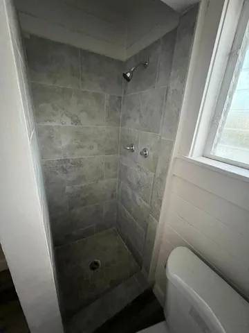 a bathroom with a shower and toilet