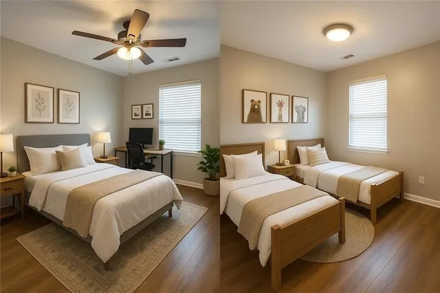 a bedroom with two beds and a chandelier