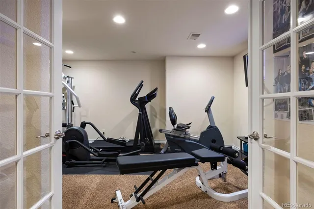 a view of a park with large trees