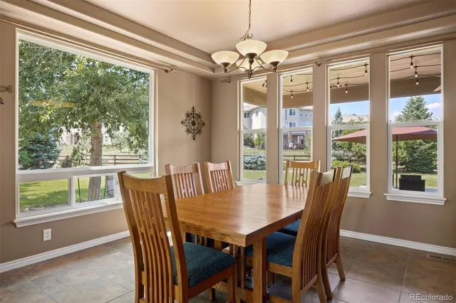 a view of a dining room with furniture window and outside view