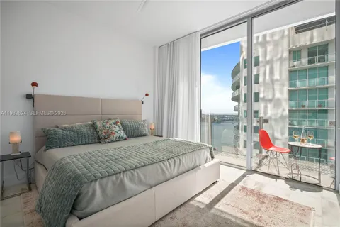 a bedroom with a bed and glass door