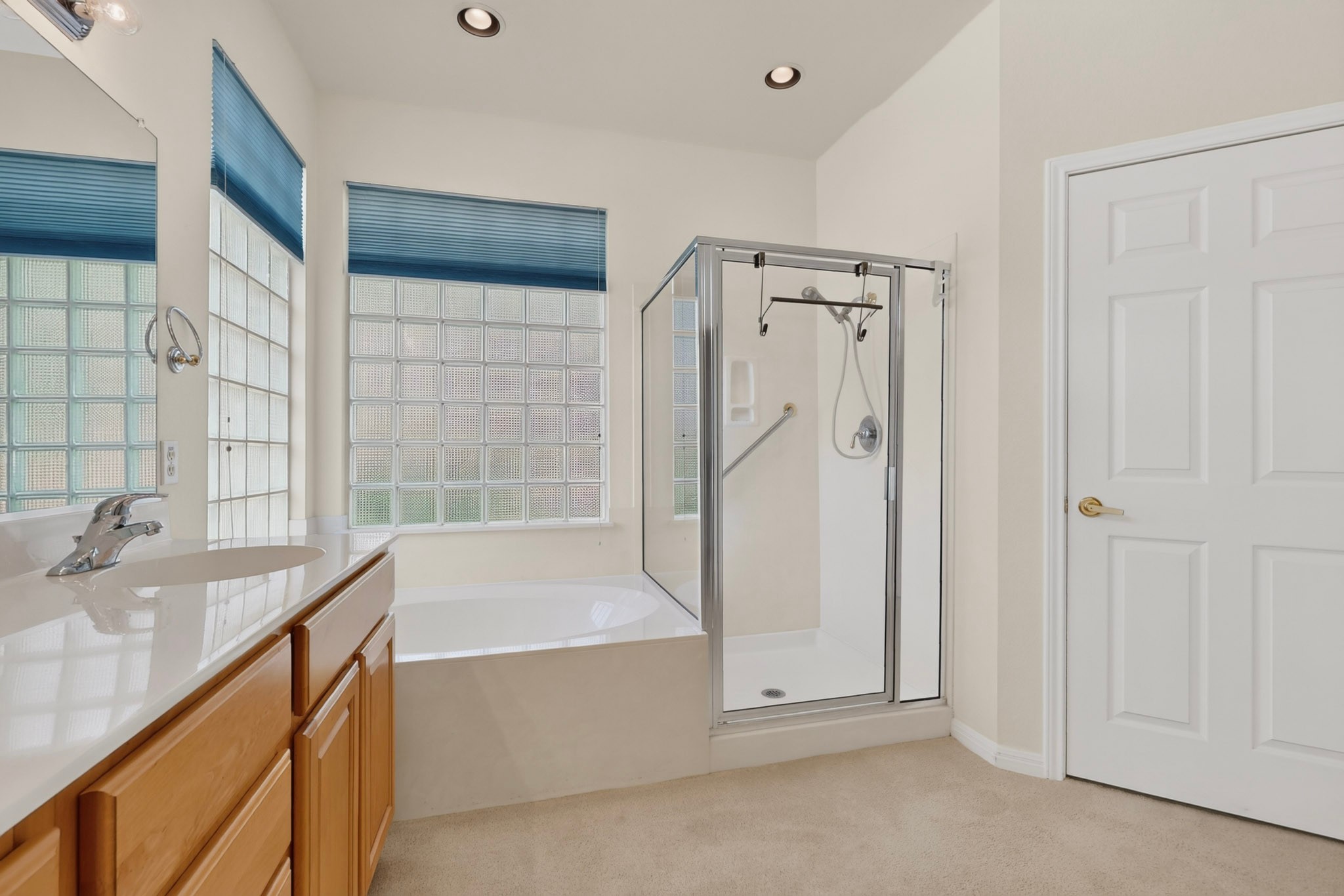207 Red Poppy Trail Georgetown, TX 78633 - Photo 19 of 31 Well-appointed primary bathroom featuring a glass-enclosed shower alongside a deep soaking tub and a functional vanity.