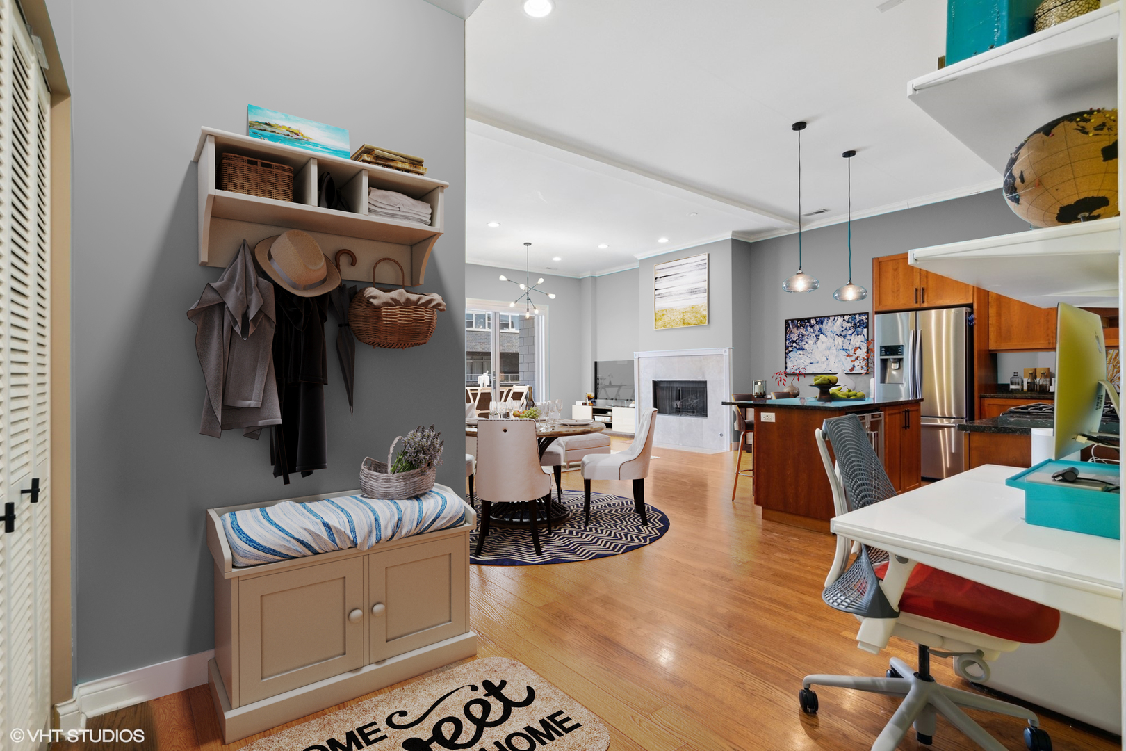 1555 North Wood Street, Unit 302 Chicago, IL 60622 - Photo 2 of 14 a living room with furniture kitchen view and a chandelier