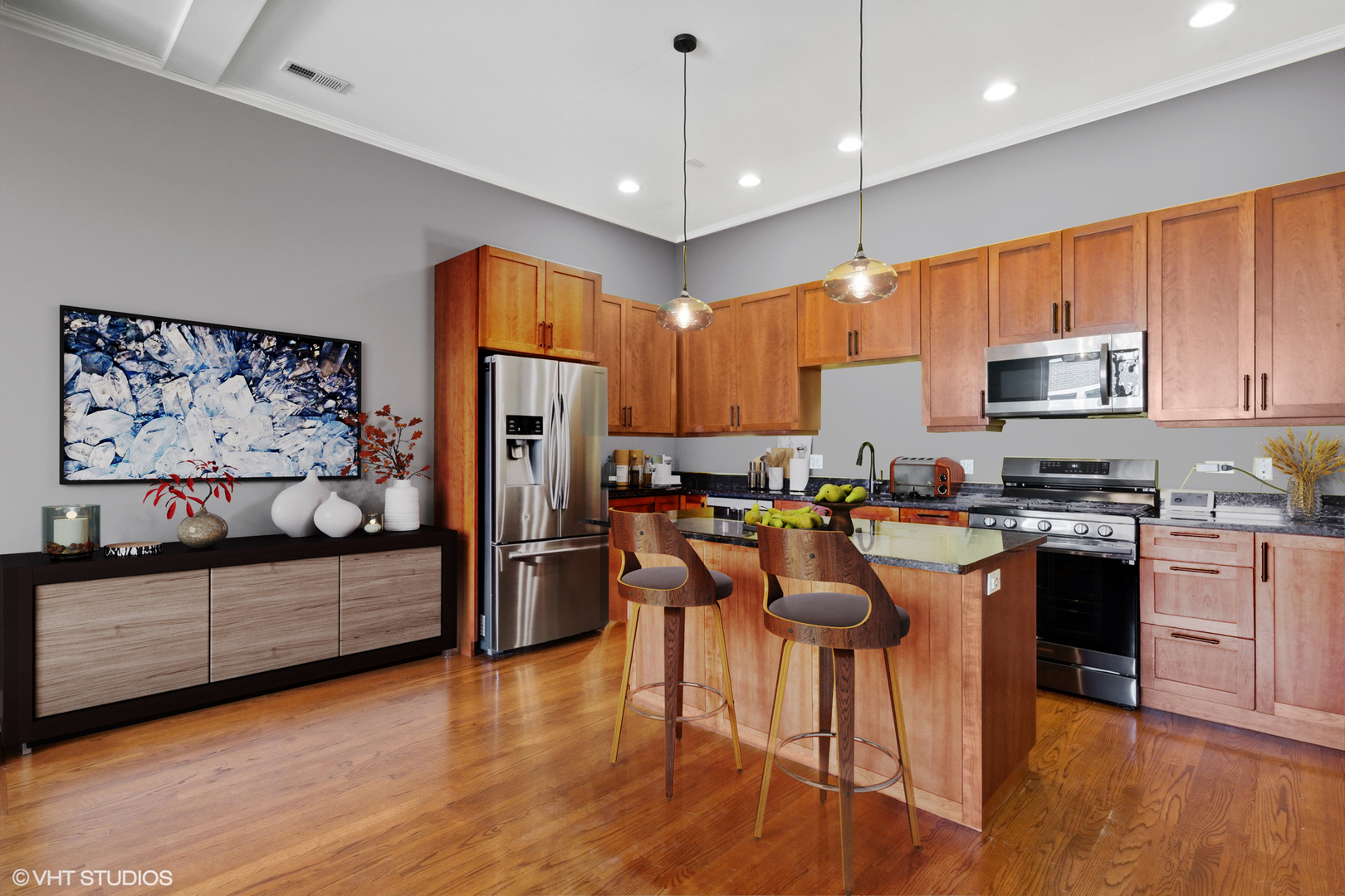 1555 North Wood Street, Unit 302 Chicago, IL 60622 - Photo 5 of 14 a kitchen with stainless steel appliances granite countertop a refrigerator a stove top oven a sink dishwasher and white cabinets with wooden floor