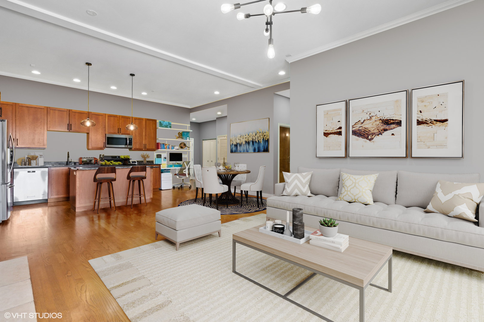 1555 North Wood Street, Unit 302 Chicago, IL 60622 - Photo 8 of 14 a living room with furniture kitchen view and a wooden floor