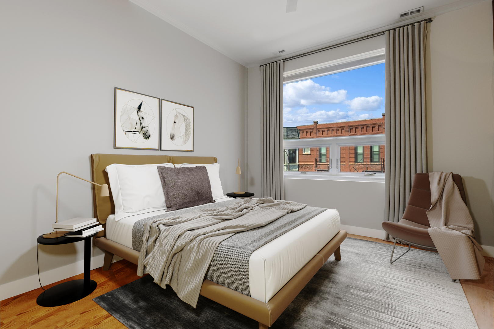 1555 North Wood Street, Unit 302 Chicago, IL 60622 - Photo 10 of 14 a bedroom with a bed a rug and a large window