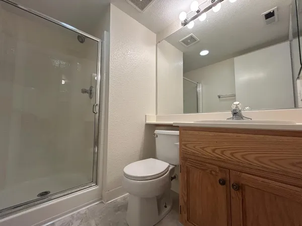 a bathroom with a sink a toilet a mirror and shower