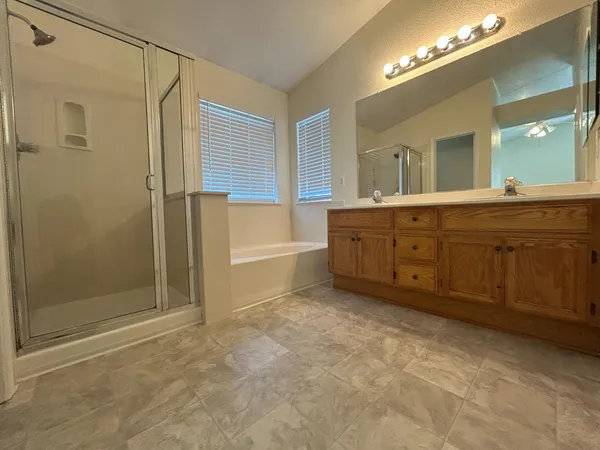 a spacious bathroom with a vanity a mirror a bathtub and shower