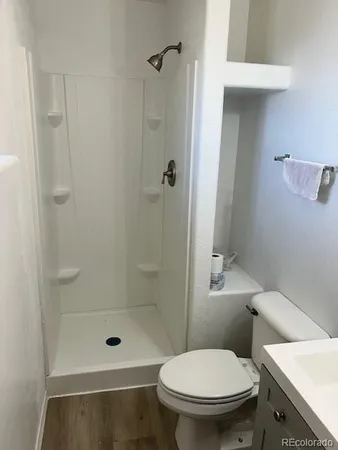 a bathroom with a shower and a toilet