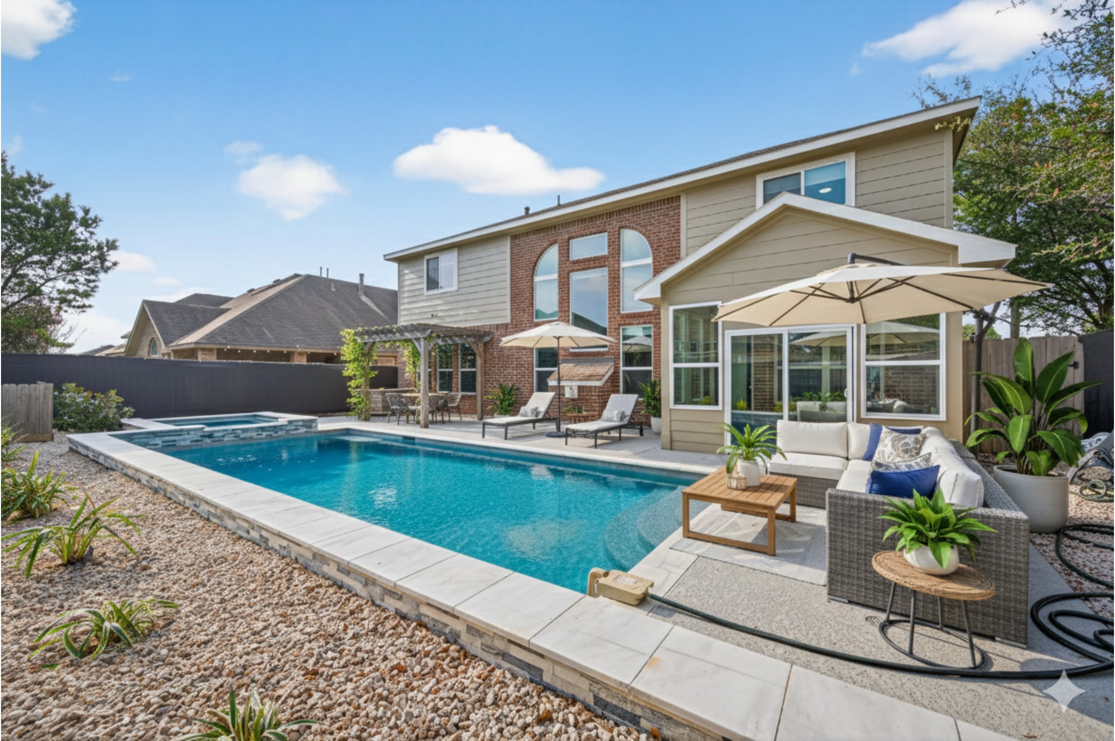 7003 Bristol Memorial Drive Spring, TX 77379 - Photo 4 of 40 Staged photo showcasing the private backyard retreat at 7003 Bristol Memorial in Spring TX 77379. This Spring TX home with pool features a modern in-ground swimming pool with attached spa, expansive patio space, and low-maintenance landscaping. Multiple lounge areas and umbrella-covered seating highlight the outdoor entertaining potential, while large rear windows provide strong indoor-outdoor flow in this move-in ready home in 77379.