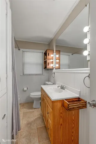 a bathroom with a sink a toilet and mirror