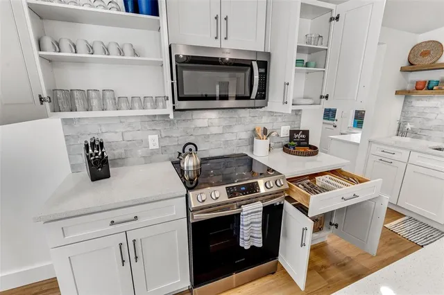 a kitchen with a potted plant on the counter and cabinets