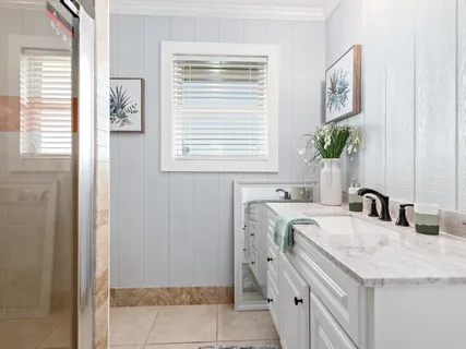 a bathroom with a bathtub