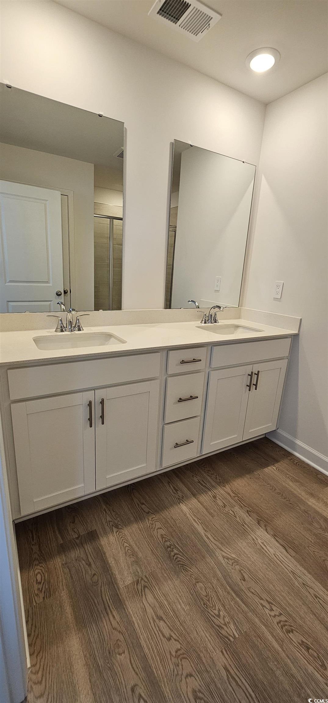 8233 Vibrant Loop Columbia, SC 29209 - Photo 23 of 40 Full bath with double vanity, dark wood-type flooring, a stall shower, and recessed lighting
