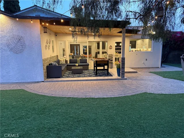 a garden view with a sitting space