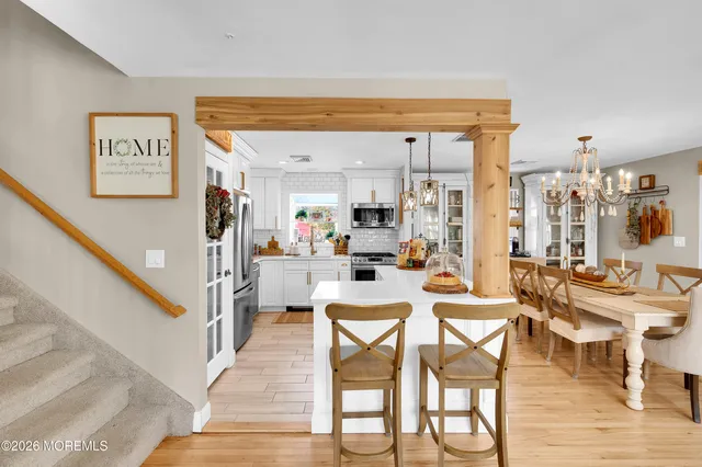 a view of a dining room with furniture