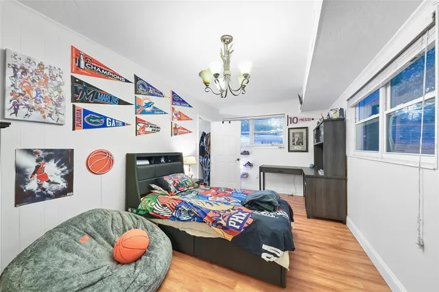 a bedroom with furniture and a wooden floor