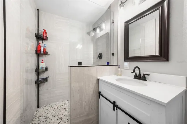 a bathroom with a sink and a mirror