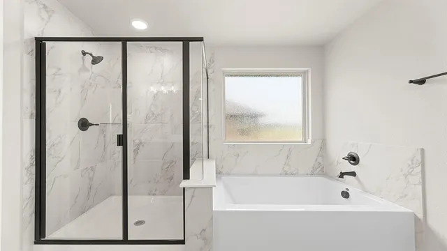 a bathroom with a bathtub and a shower