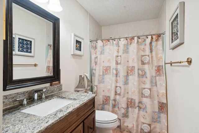 a bathroom with a granite countertop sink a toilet and a mirror