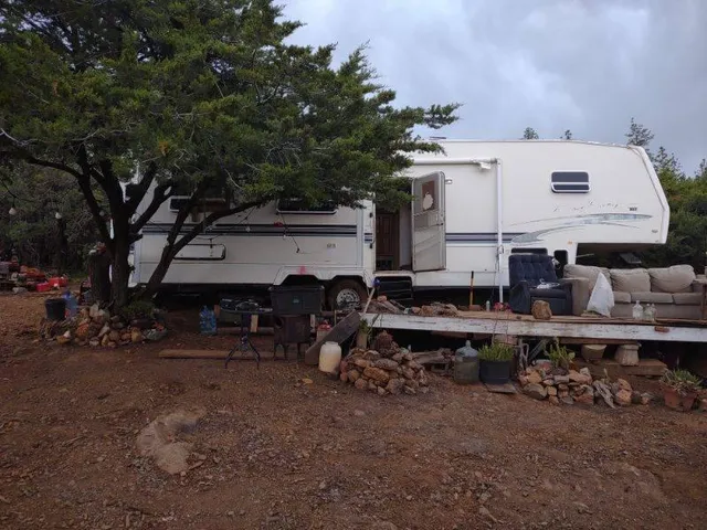 a backyard of a house with wooden fence and trees