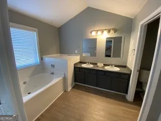 a bathroom with a tub sink and mirror