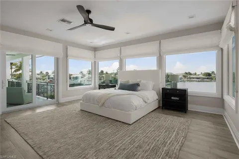 a spacious bedroom with a large bed and a large window