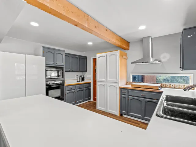 a view of a lush green field with mountains in the background