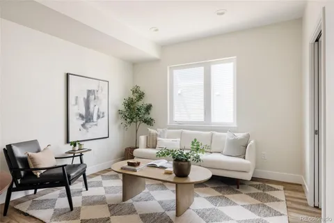 a living room with furniture and a potted plant