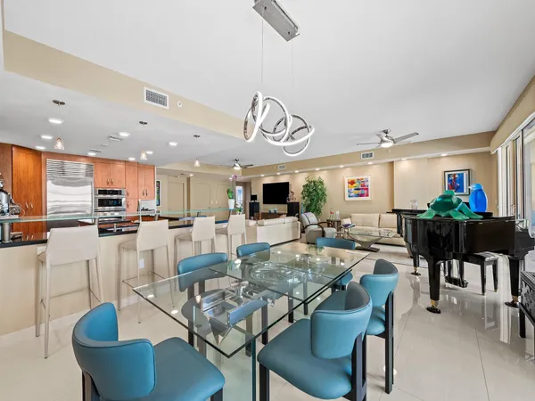 a view of a dining room with furniture