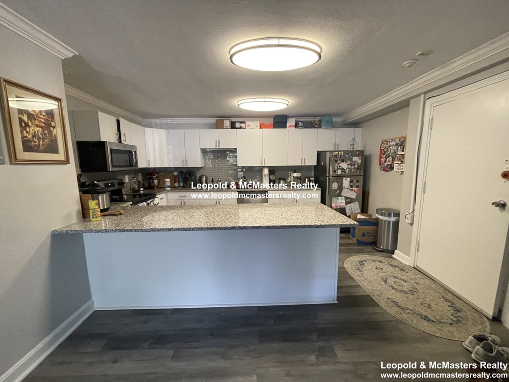 519 Washington Street, Unit 0A Brookline, MA 02446 - Photo 3 of 9 a living room with stainless steel appliances kitchen island granite countertop a refrigerator a stove a sink and a dining table with wooden floor