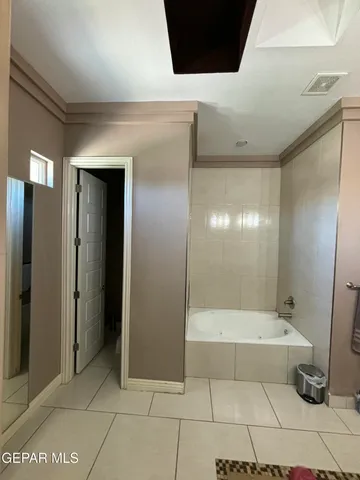 a bathroom with a bathtub and shower
