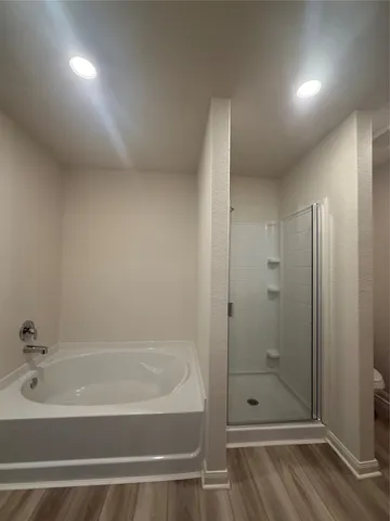 a bathroom with a bathtub and shower