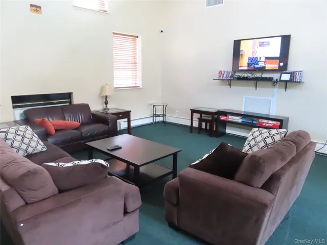 a living room with furniture a flat screen tv and a window