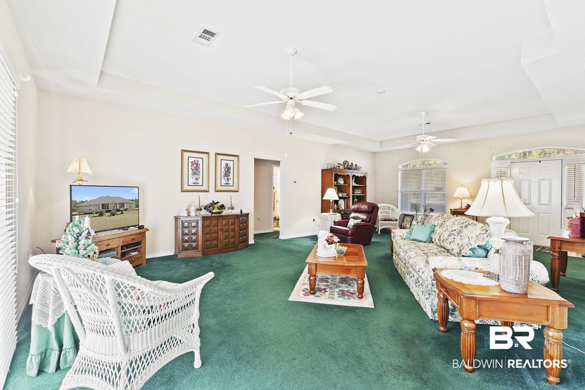 24130 Cowling Road Robertsdale, AL 36567 - Photo 12 of 71 Living room featuring dark colored carpet, a raised ceiling, and ceiling fan