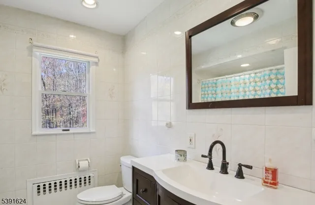 a bathroom with a sink mirror and toilet