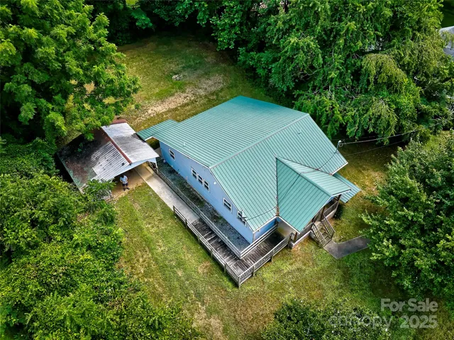 an aerial view of a backyard