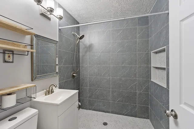 a bathroom with a shower a sink and a mirror