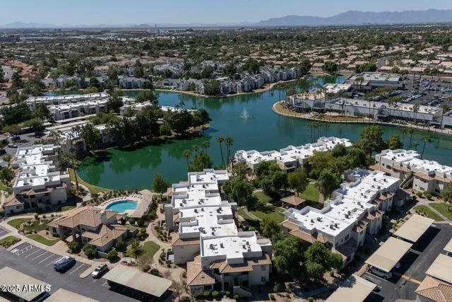 an aerial view of a swimming pool
