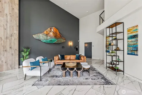 a view of a lake with a terrace