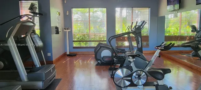 a view of a livingroom with furniture hardwood floor and windows