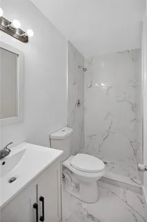 a bathroom with a sink a toilet and shower