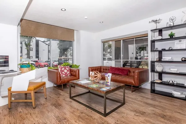 a living room with furniture a rug and a floor to ceiling window