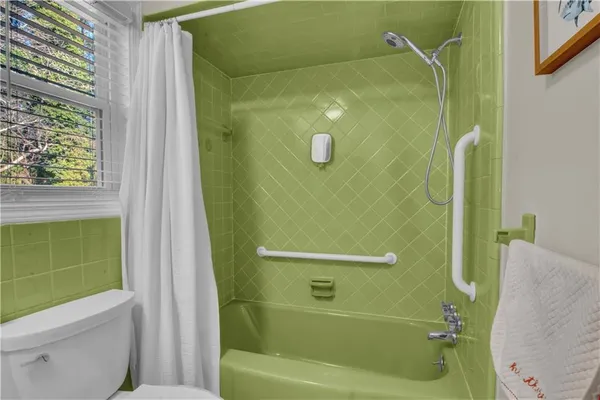 a bathroom with a shower and a toilet