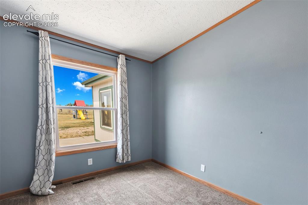 1350 South Calhan Highway Yoder, CO 80864 - Photo 27 of 45 Spacious room featuring light blue walls, wood trim, and textured carpeting